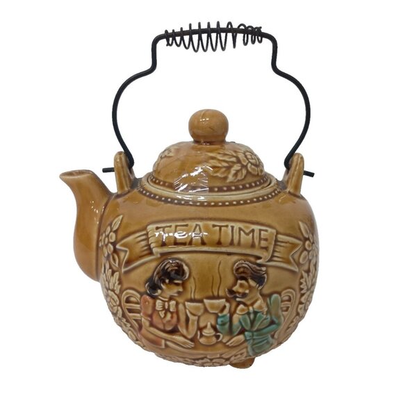 Vintage 70s Tea Time Porcelain Tea Pot Gold Embossed With Wire Handle Japan - Picture 1 of 13